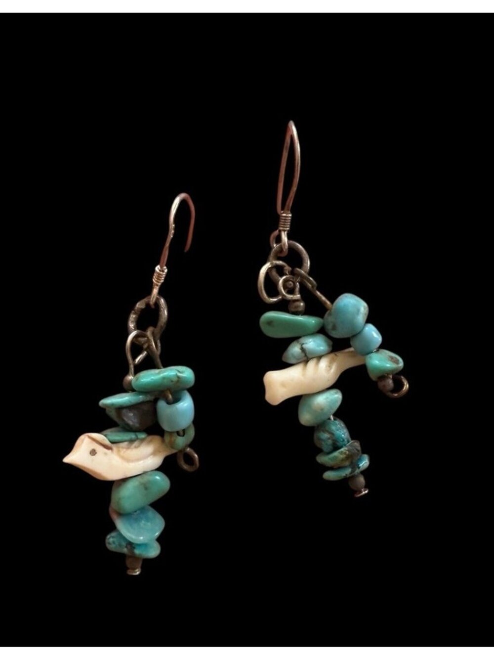Turquoise Mother of Pearl BIRD Fetish Sterling Silver Dangle Earrings Navajo